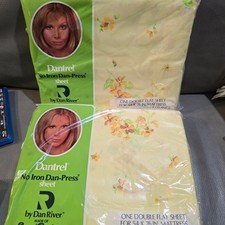 NOS Vintage DAN RIVER Full Double FLAT Sheet Yellow Floral 50/50 Dantrel NoIron picture