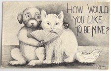 Vintage Cat & Dog Be Mine Romance Antique Postcard Posted 1910 picture