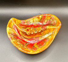 Vintage MCM Ceramic Ashtray Drip Glaze Orange Red Flame Catchall Dish Signed picture