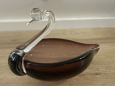 Vintage Art Glass Hand Blown Plum Crystal Swan Candy Dish picture