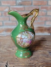 LIMOGES Rococo Porcelain Ewer Pitcher Green and Gold, Courting Couple Vase picture