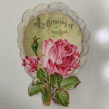 1880's-90's Victorian True Love Greeting Die-Cut Lady's Feathered Fan Roses picture