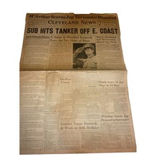 Jan 30 1942 Cleveland News WWII Newspaper Sub Hits Tanker MacArthur Bataan picture