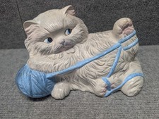 Vintage Gray Persian Ceramic Cat Kitten w/Ball of Yarn Blue Eyes Hand Painted picture