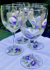 Set of 4 Vintage Royal Leerdam Hand Painted Wine Glasses - Purple Floral/Tulips picture