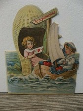 Vintage Valentine card fold out w/ stand up flap boy girl in boats Germany 2D picture