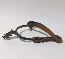 Antique Western Cowboy Iron Single Spur 10 Point Rowel Leather Strap Heel Chain picture