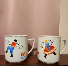 2 Vintage Amphora Porcelain Gold Rimmed Coffee Cup Dancing Czecho-Slovakia EX picture
