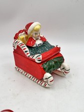 50s Napco Norcrest Lefton Christmas Girl In Candy Cane Sleigh Covered Box Japan picture