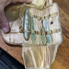 Antique Gray CELLULOID MANICURE SET in Original Leather Case Lot of 4 picture
