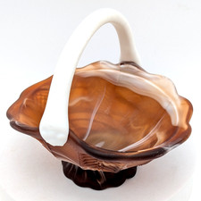 Imperial Caramel Slag Glass Scalloped Edge Basket Milk Glass Handle picture