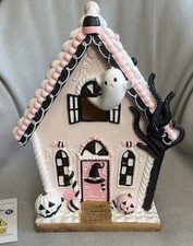 Ghoulish Pink Halloween Gingerbread LED House 12” Ghost New picture