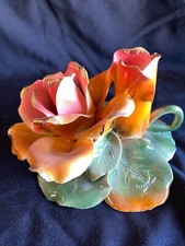 VTG Italy Capodimonte Flower Candlestick Holder Pink Orange Roses Gold detailing picture