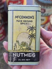 Vintage McConnon's Tin Ground Spice Nutmeg 3 1/4oz ART DECO Jadite Green 1930's picture