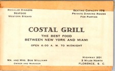 Coastal Grill Business Card 1940s Florence SC Highway 301 Mileage Chart picture