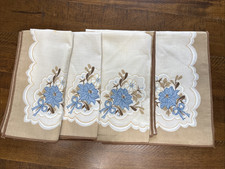 Vintage Set of 4 Napkins Blue Floral Flowers Ribbon Bow Brown Discolor Yellow picture