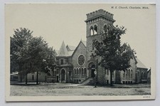 M.E. Church Charlotte Michigan B&W Postcard c1910s Methodist Episcopal B4 picture