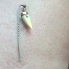 This antique Victorian-era dangle stickpin features a genuine animal tooth picture