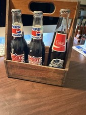 Vintage rare Pepsi-Cola wooden six pack holder with Three Collectible Bottles picture