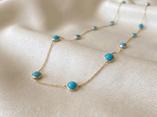Bezel Set Sleeping Beauty Turquoise Station Necklace 14k White Gold Plated 18'' picture