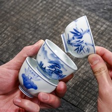 60ml Hand-painted Landscape Tea Cup Blue White Porcelain Shadow Green Tea Bowl picture