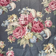 Vtg Barkcloth Drapery Panel 1940s Pink Roses Scrolls Bouquets on Blue-Gray 22x78 picture