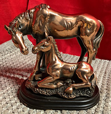 Vintage Mare & Foal Horse Animal Figurine Sculpture Display on Base picture