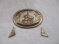 CRUMRINE BELT BUCKLE AND FANCY COLLAR TIPS 22K GOLD ON STERLING NICKEL BACK picture