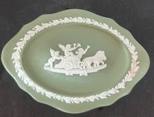 Wedgwood Green Jasperware Oval trinket box  White Chariot England MPN 1957 picture