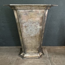 VTG Dept 56 Silver Plated Pillow Vase Urn 12”h Engraved Lion Crest Fluted Rim picture