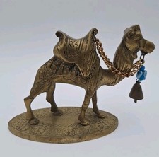 Vintage Turkish Brass Camel Figurine Etched Saddle Bell Boho Decor Statue picture