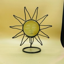 Vintage Celestial Sun Face Green Glass Wrought Iron Candle Holder Tabletop Decor picture