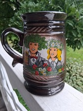 Vtg 1960s-80s Latvian Ceramic Midsummer Festival Oak Crown Folk Art Beer Stein picture
