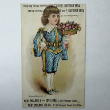 1890s New England Tea Co Fall River MA Victorian Litho Trade Card Boy Flowers picture