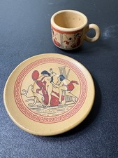 Vintage Clay Greek small Cup and Saucer Nude Greek Gods made in Greece D H picture