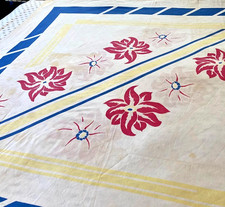 Vtg 1930s Tablecloth Pennicraft Geometric Floral Print Cotton 55x55 *stains picture