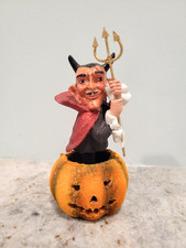 Vtg Katherine’s Collection Devil Pumpkin Glittered Halloween Statue Bobblehead picture