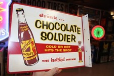 RARE 1950s DRINK CHOCOLATE SOLDIER SODA POP PAINTED METAL 2-SIDED FLANGE SIGN picture