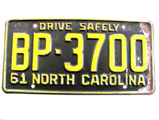 1961 NORTH CAROLINA NC LICENSE PLATE TAG,    BP-3700, ORIGINAL, VINTAGE, USED picture