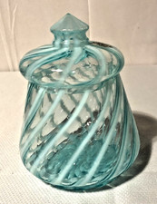 Vintage Fenton Spiral Optic Blue Opalescent Glass Covered Candy Dish/Jar picture