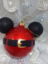 Disney Mickey Head Ornament Ears Icon Red Black Santa Belt Glitter Glass picture