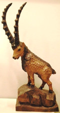 Antique BLACK FOREST Hand Carved Sculpture IBEX CHAMOIS Linden Wood Signed 15