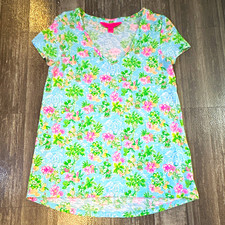Disney x Lilly Pulitzer Mickey Mouse Floral Print T-Shirt Blue Pink Green S picture