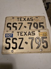 Texas License Plates Pair Matched Set SSZ 795 w/ Oct 1982 Sticker picture