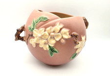 VINTAGE ROSEVILLE #342-6 PINK APPLE BLOSSOM ART POTTERY BOWL/VASE W/TWIG HANDLES picture