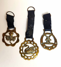 Vintage English Horse Brasses Swan Thistle Windmill Leather Equestrian Decor picture