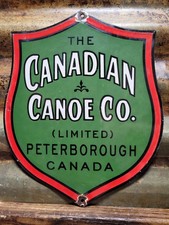 VINTAGE CANADIAN CANOE PORCELAIN SIGN OLD CANADA SPORTING GOODS BOATS LAKE RIVER picture