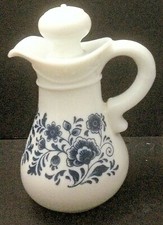 Avon Cruet Decanter Pitcher w/ Stopper Blue Flowers On Milk Glass  5.75