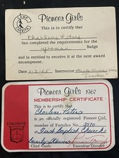2 Vintage First Baptist Church PIONEER GIRLS MEMBERSHIP CARDS 1965, 1967 picture