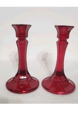 VTG Ruby Red Glass Candle Stick Holders Set of 2 Panelled Stem Pressed Glass 6